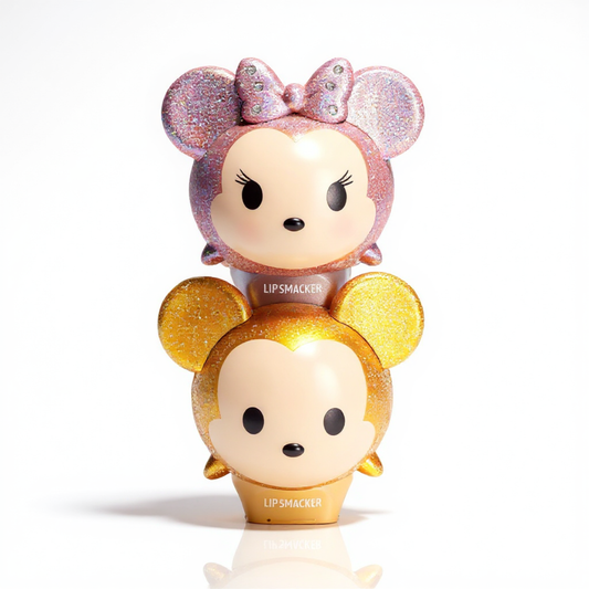 Lip Smacker Disney Lip Balm Duo Mickey Minnie with glittery collectible toppers stacked in Tsum Tsum style, ideal for gifting or daily lip care.