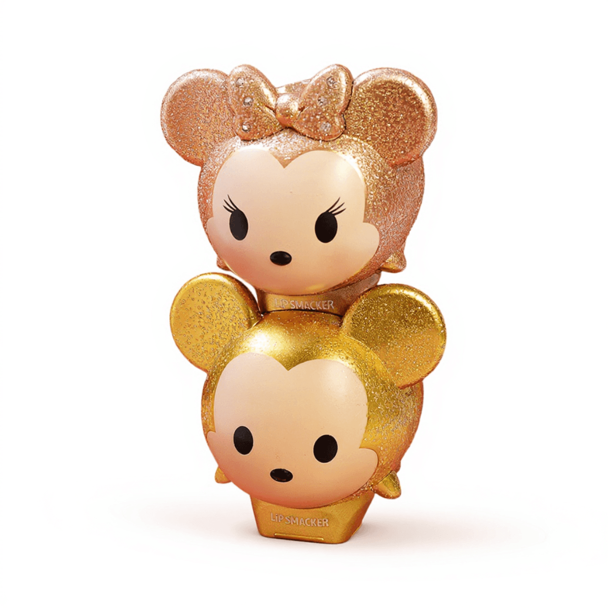 Lip Smacker Disney Mickey Minnie lip balm duo with glittery gold packaging and collectible toppers