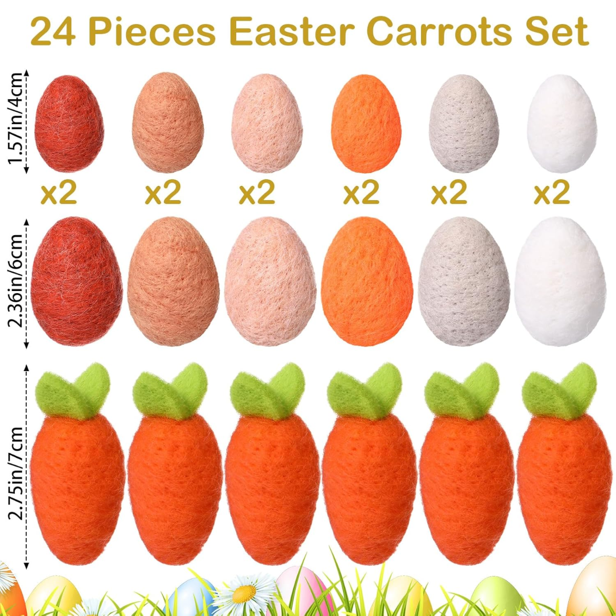 24-piece felt Easter carrot and egg set with measurements on a white background