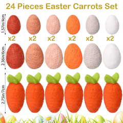 24-piece felt Easter carrot and egg set with measurements on a white background