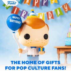 Funko Pop! vinyl figure with birthday hat and balloon, surrounded by 'Happy Birthday' decorations and a cake.