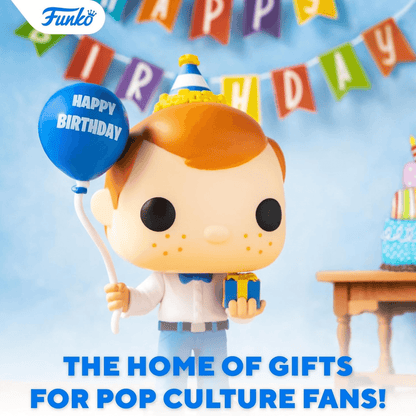 Funko Pop! vinyl figure with birthday hat and balloon, surrounded by 'Happy Birthday' decorations and a cake.