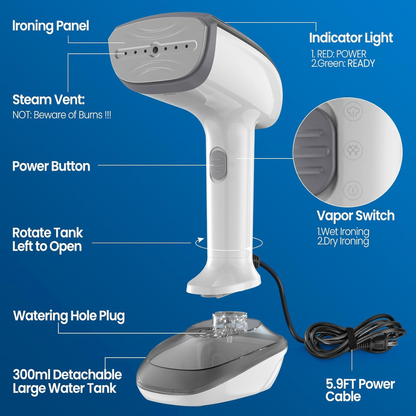1800W Handheld Fabric Steamer – Fast Heat, 2-in-1 Iron & Wrinkle Remover with Accessories (120V, White)