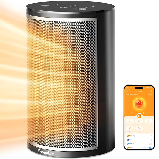 Portable heater with honeycomb design and smartphone app interface on a white background