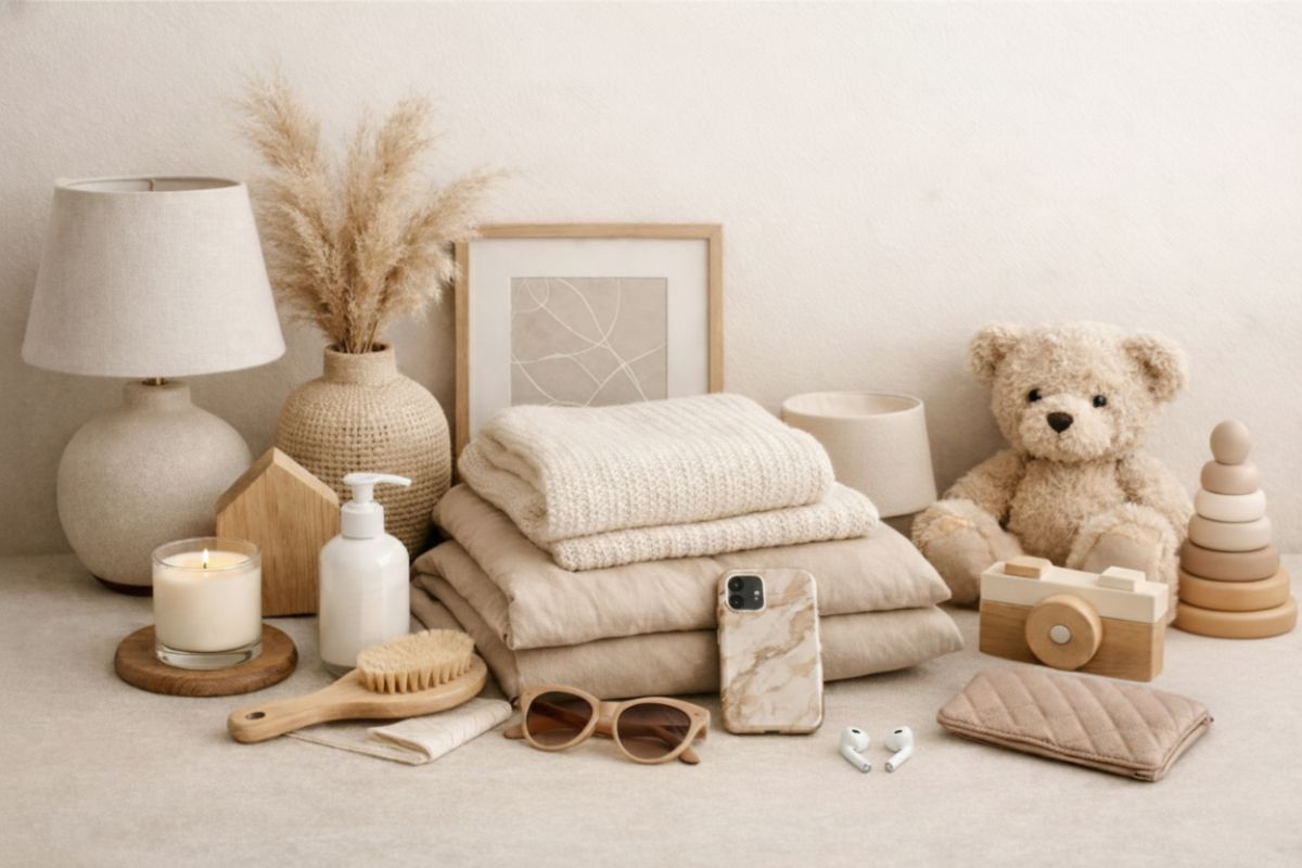 Neatly arranged home decor items showcasing what categories I Spy Deals carries including a teddy bear, lamp, and cushions on a light surface.