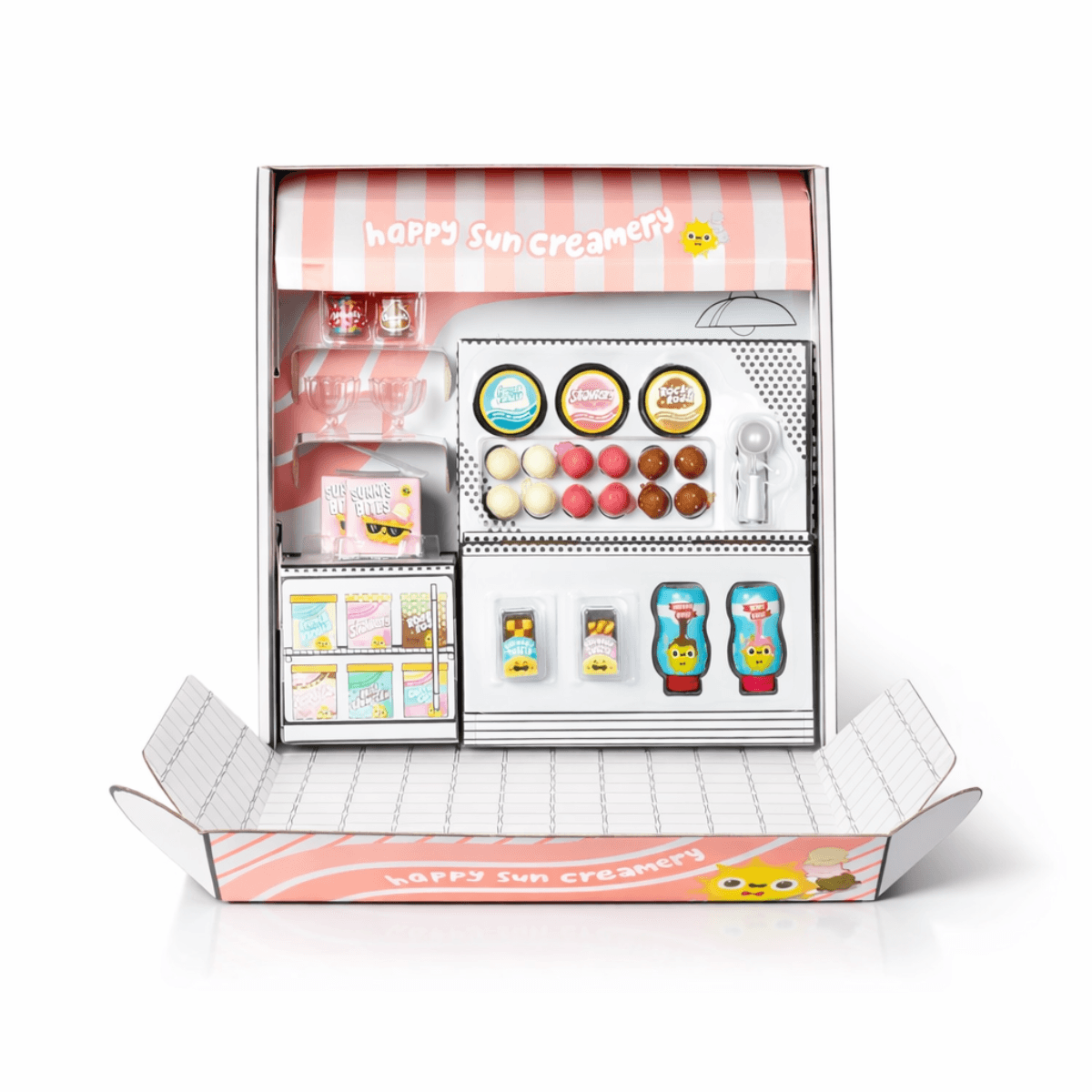 Open box view of MGA'S Mini Verse Ice Cream Social playset on a white background