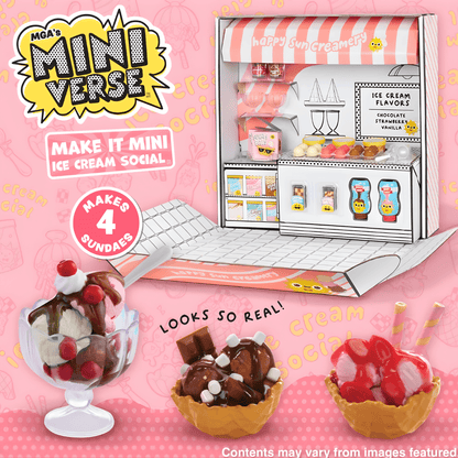Miniature ice cream social playset with packaging and text on a pink background