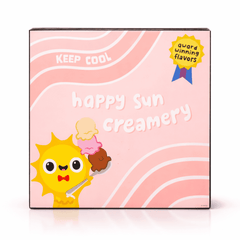 Packaging for 'Ice Cream Social Playset' with a cartoon sun character holding ice cream, on a pink wavy background.