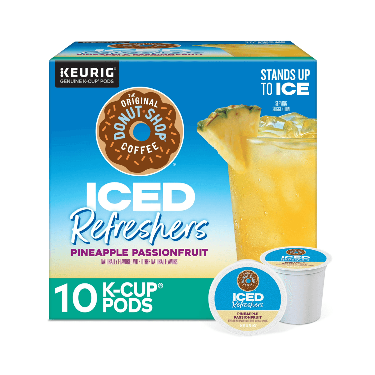 Pineapple Passionfruit Iced Coffee K-Cup box with tropical drink
