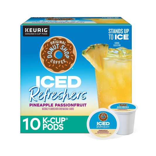 Original Donut Shop Pineapple Passionfruit K-Cup Iced Refreshers 10-count box with a tropical iced drink and K-Cup pod, ideal for Keurig brewers.