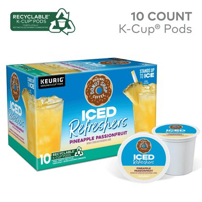 Recyclable Pineapple Passionfruit K-Cup Pods box with tropical beverage
