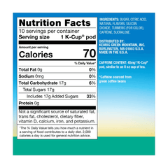 Nutrition facts label for Pineapple Passionfruit Iced Refreshers K-Cup pods