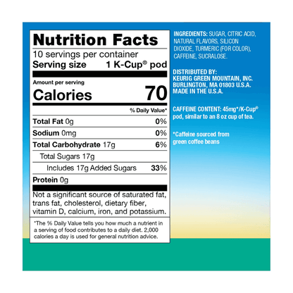 Nutrition facts label for Pineapple Passionfruit Iced Refreshers K-Cup pods