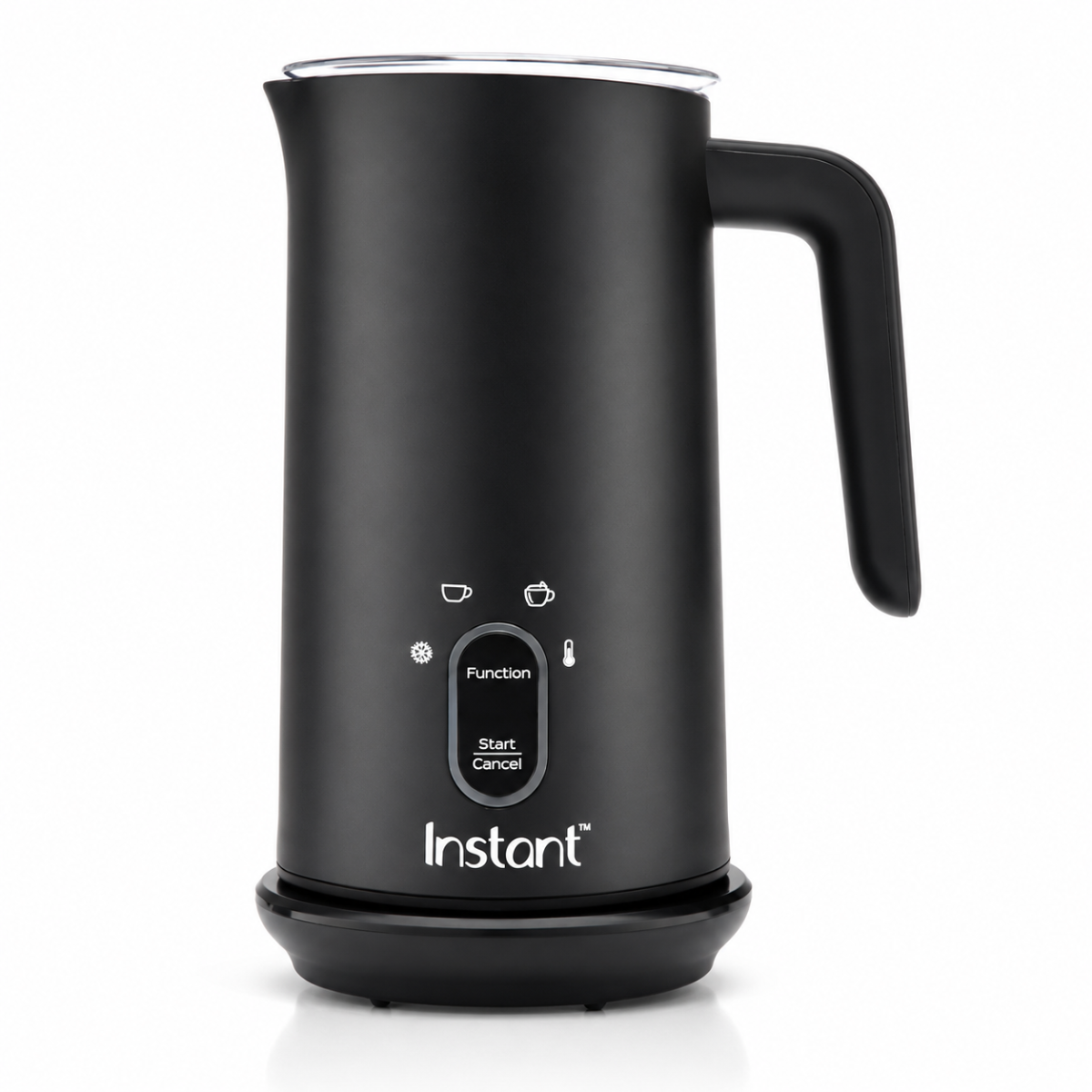 Black milk frother with control panel on a white background