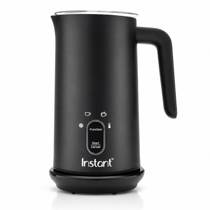 Black milk frother with control panel on a white background