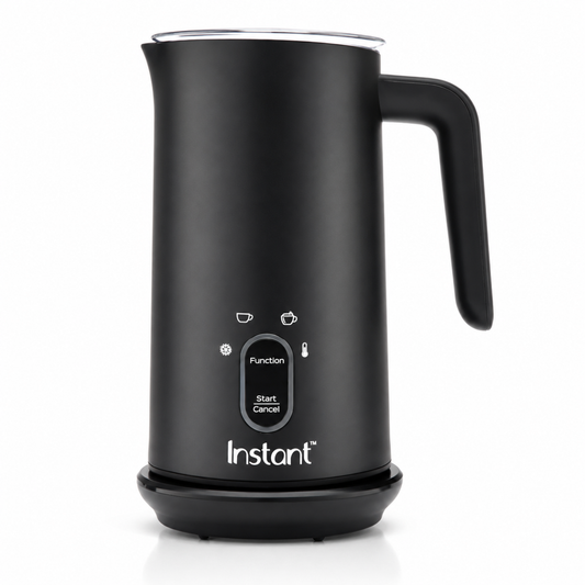 Black milk frother with control panel on a white background