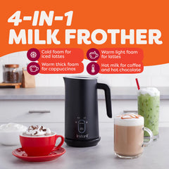4-in-1 milk frother with coffee and latte on a kitchen counter