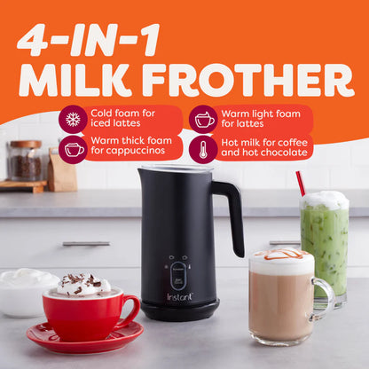 4-in-1 milk frother with coffee and latte on a kitchen counter
