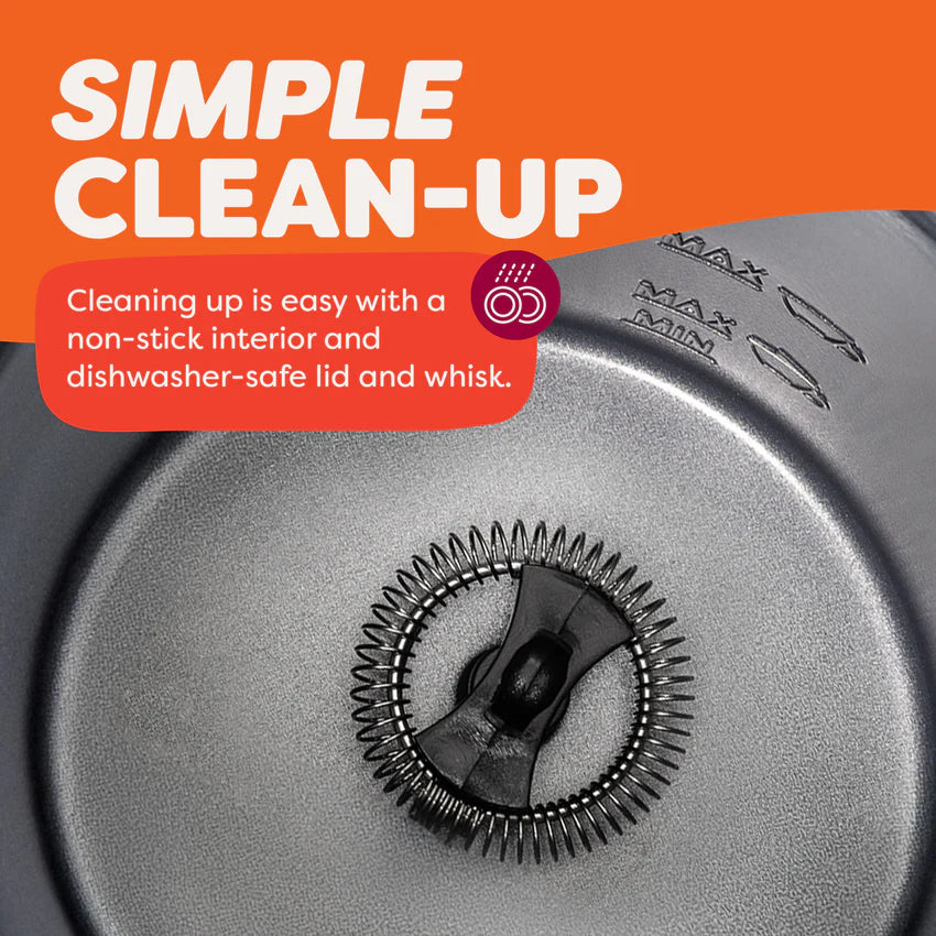 Stainless steel pot with whisk attachment on a gray background, featuring text about easy clean-up.