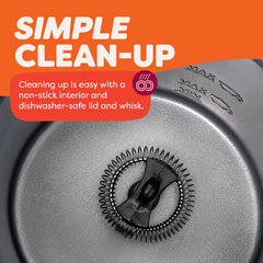 Stainless steel pot with whisk attachment on a gray background, featuring text about easy clean-up.