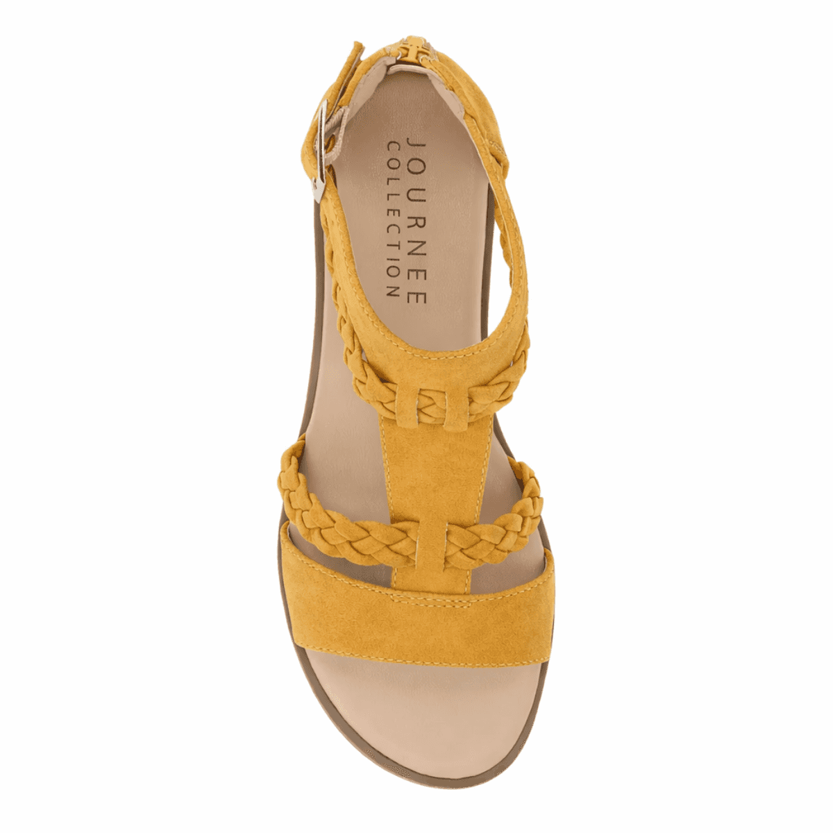 Mustard color Florence sandal with braided design by Journee Collection on a white background