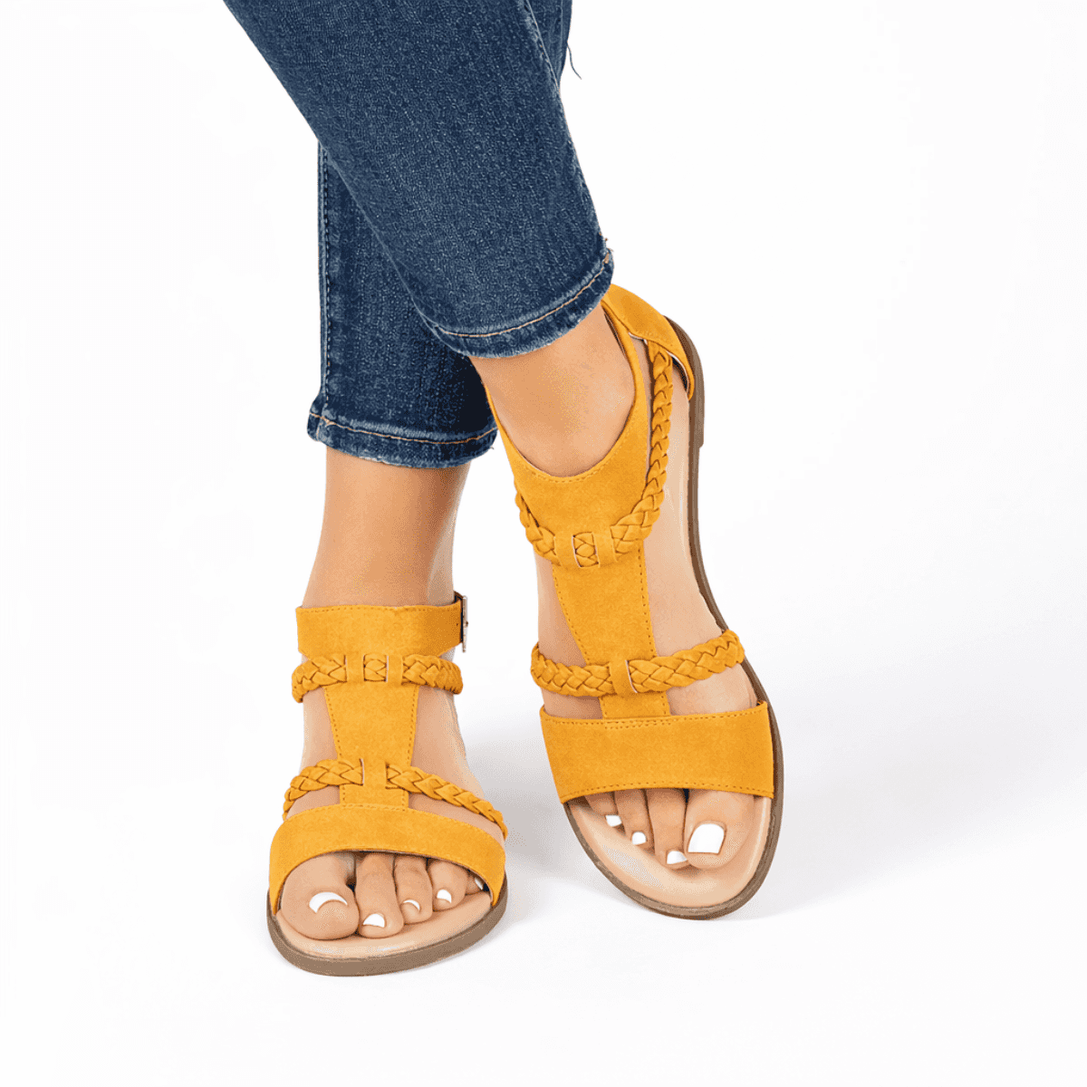 Women modeling the Journee Collection Florence Mustard sandals.