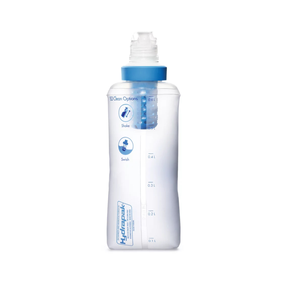 Hydrapak water bottle with blue cap on a white background