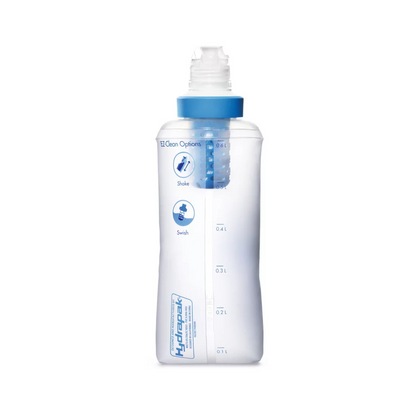 Hydrapak water bottle with blue cap on a white background