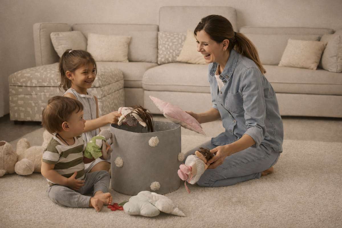 Woman and children playing with toys in a living room