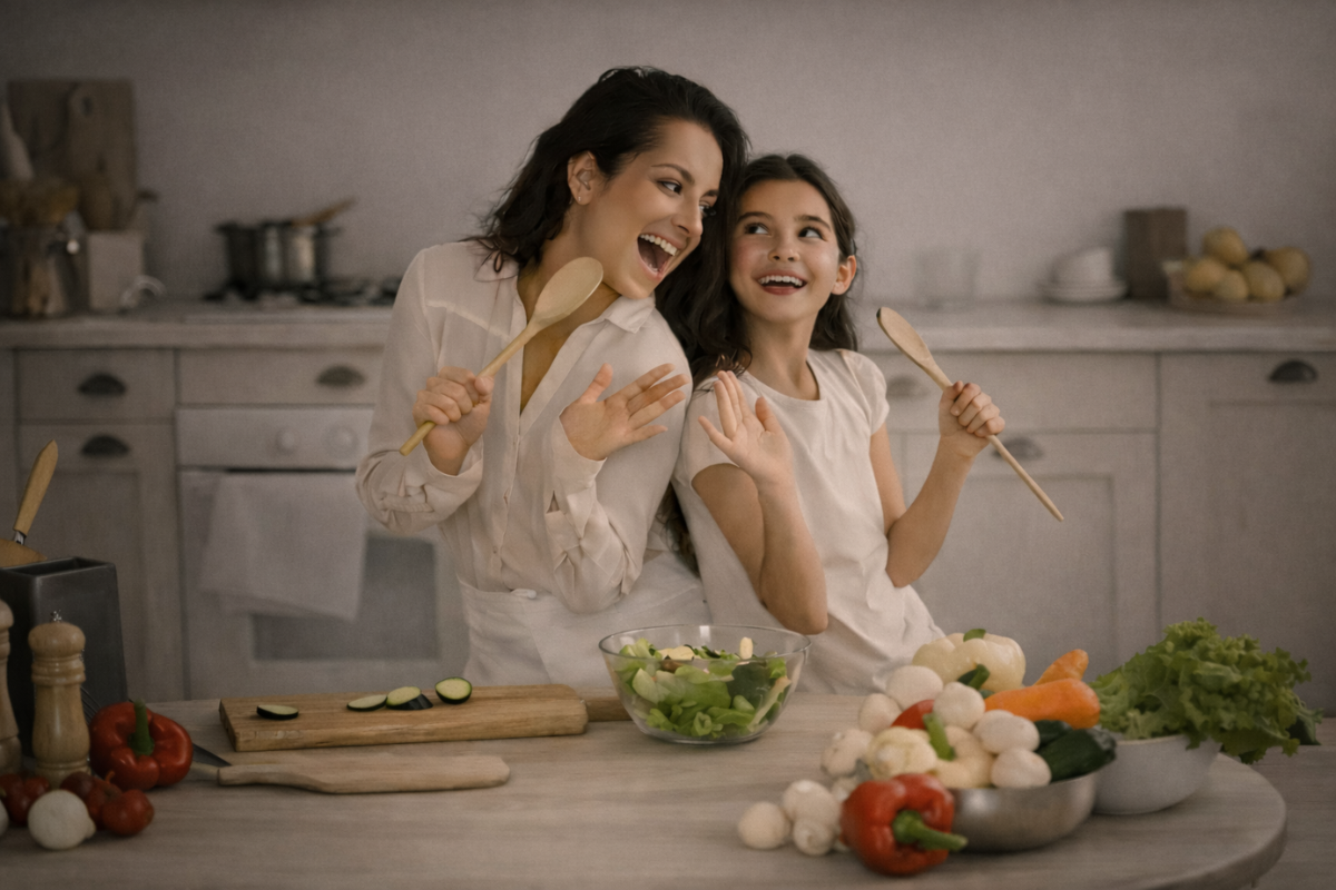 Two women in a kitchen preparing food with utensils and ingredients on a table.