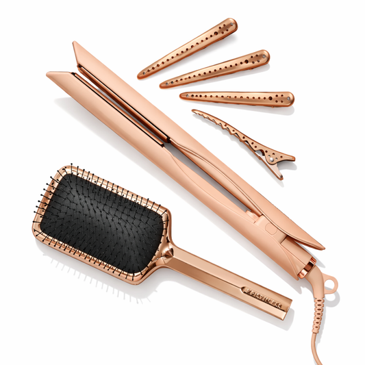 Rose gold hair straightener set with ceramic plates, brushes, clips, and cap