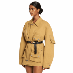 Model in Lanvin x Future utility jacket with multiple pockets and cargo styling