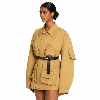 Model in Lanvin x Future utility jacket with multiple pockets and cargo styling