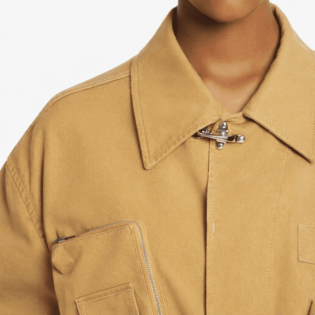 Close-up of collar detail with metal clasp on Lanvin x Future cotton twill jacket