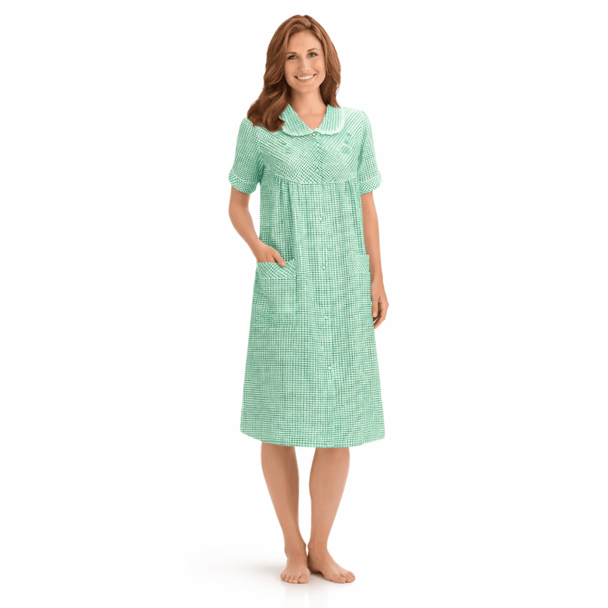 Gingham housecoat with floral embroidery