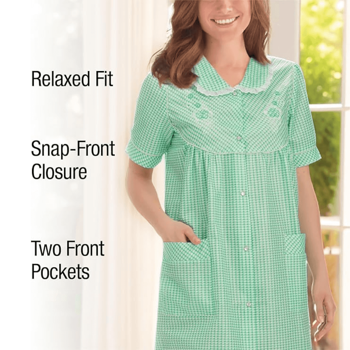 Model wearing green gingham sleepwear with pockets