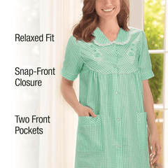 Model wearing green gingham sleepwear with pockets