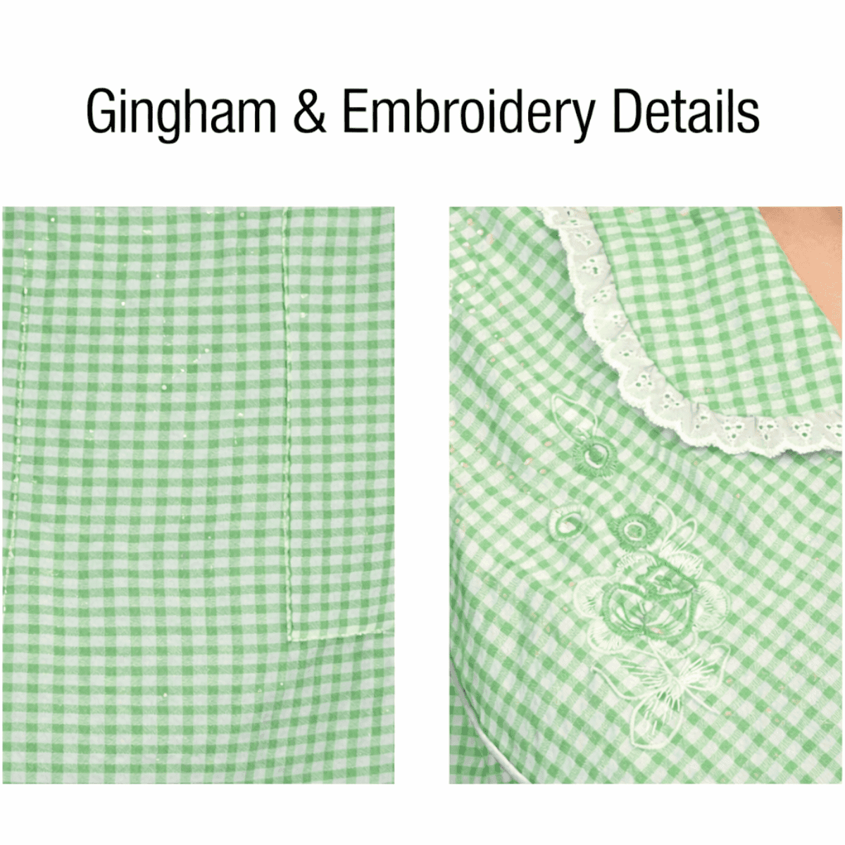 Close-up of gingham fabric and embroidery details