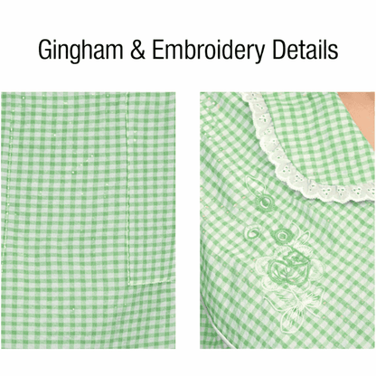 Close-up of gingham fabric and embroidery details