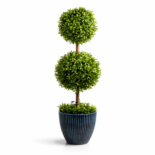 Trueliving Double Lighted Artificial Topiary Tree with two lush green spheres in a ribbed black planter, ideal for indoor home décor.
