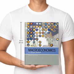 A person wearing a white T-shirt holds a textbook titled "Macroeconomics" by N. Gregory Mankiw.