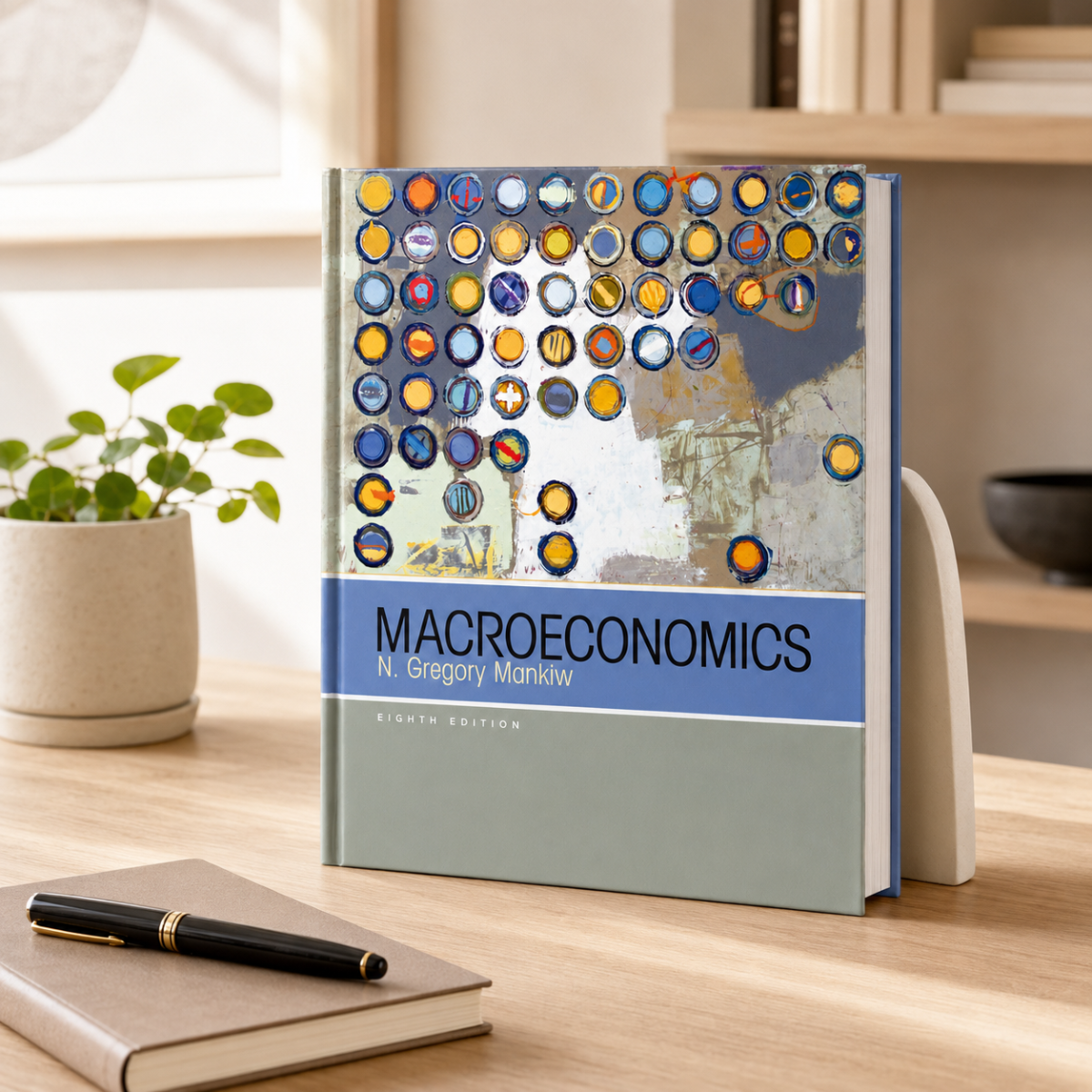 A hardcover textbook titled "MACROEconomics" by Gregory Mankiw stands upright on a light wood desk in a bright indoor setting. The cover features an abstract pattern of blue, yellow, and orange circles on a gray background, with a blue title band and a muted green lower section.