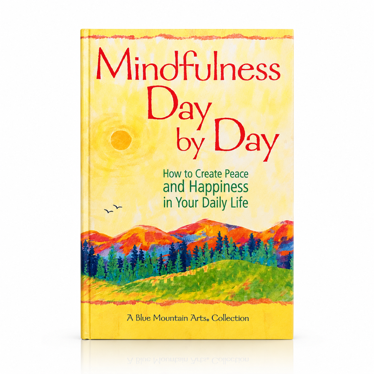 Yellow mindfulness book by Blue Mountain Arts, Day by Day, with colorful landscape cover and red lettering, green hills