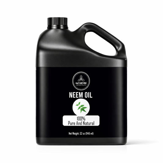 Black container of neem oil with a label on a white background