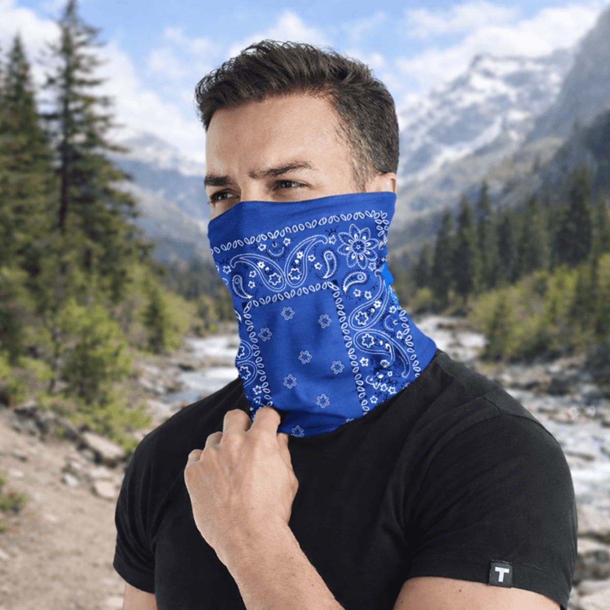Blue paisley neck gaiter face covering outdoor wear
