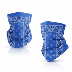 Blue paisley neck gaiter with 4-way stretch for outdoor activities