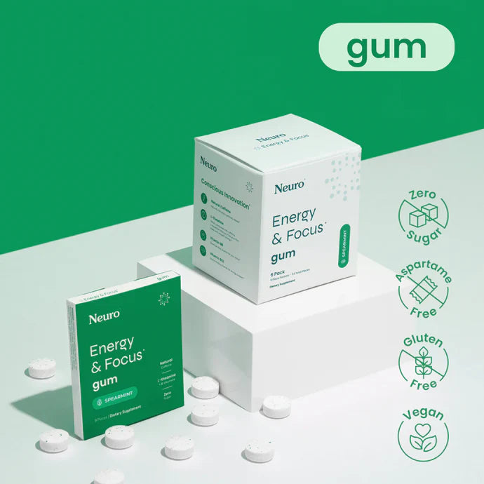 Neuro Energy & Focus gum packaging with green and white design on a green background