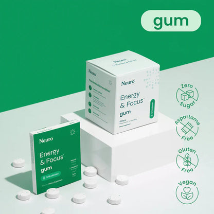Neuro Energy & Focus gum packaging with green and white design on a green background