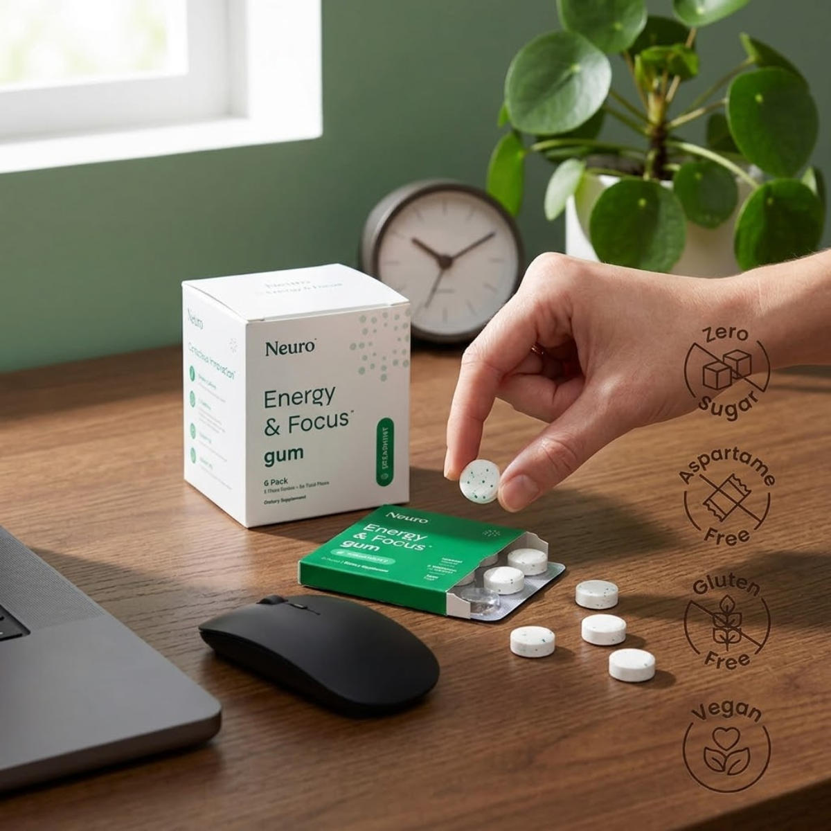 Neuro Energy & Focus gum packaging on a desk with a hand picking up a piece of gum.