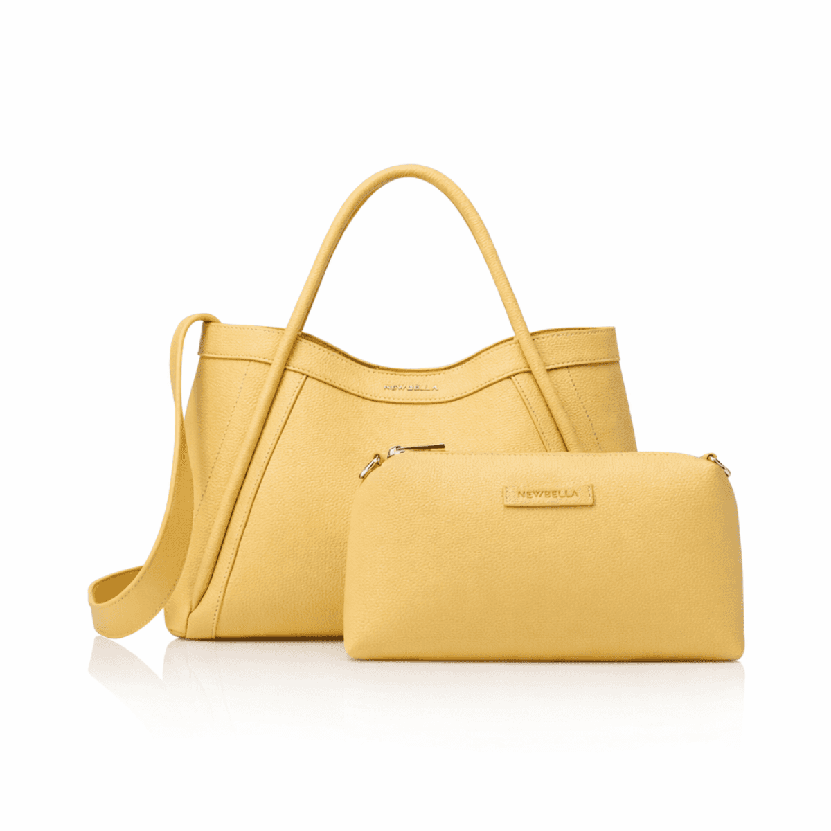 Yellow top handle handbag set with matching zip pouch, structured medium-plus size, PU leather-look finish, magnetic closure, removable strap